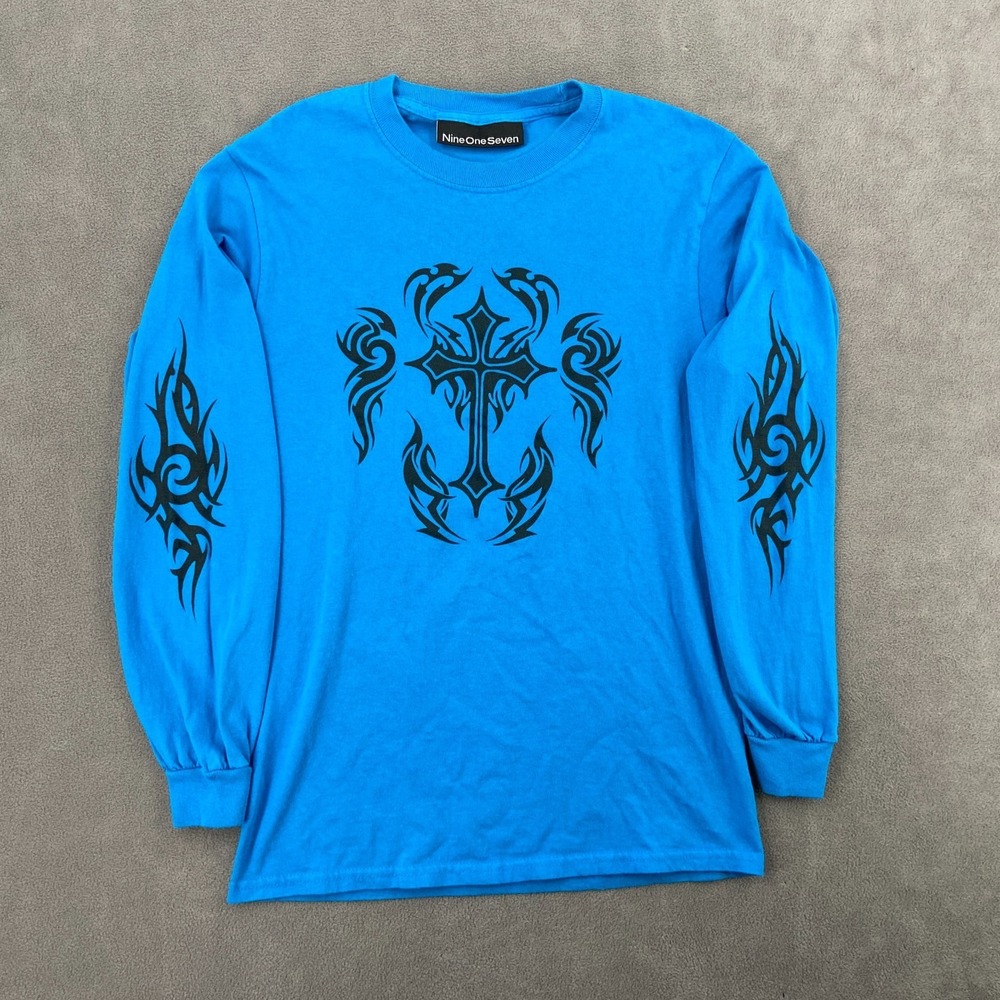 Y2K Nine One Seven Grunge Tee‎ Sz S Blue Graphic Tribal Tattoo Cross Streetwear